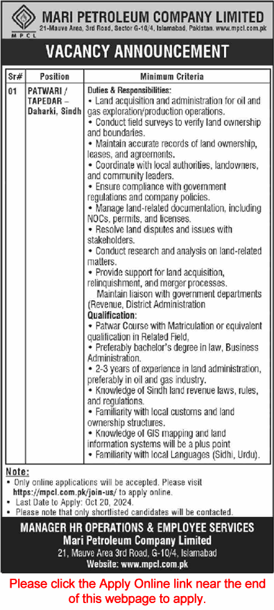 Latest Job Posts For Patwari / Tapedar in Mari Petroleum Company Limited Daharki October 2024
